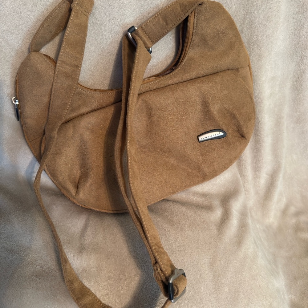 Travelon Suede Crescent Shoulder Bag in Camel